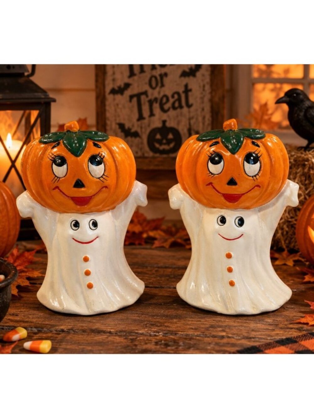 Vintage Lefton  Halloween Pumpkin and Ghost Tealight Candle Holder Set of 2